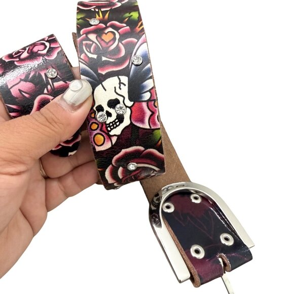 VTG Y2K Ed Hardy Black Pink Rose Skull Rhinestone Leather Womens Belt Small main image 5